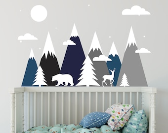 Mountain Wall Sticker Kid Nursery Decal Decor Green Gray Mix Birds Art DIY Mural