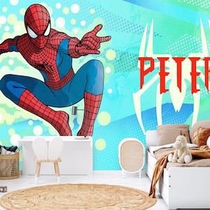 Custom Name Superhero Wallpaper For Boys Bedroom, Mural For Kids Room, Spiderman Wallpaper  For Boy Room, Nursery Peel And Stick Wall Mural