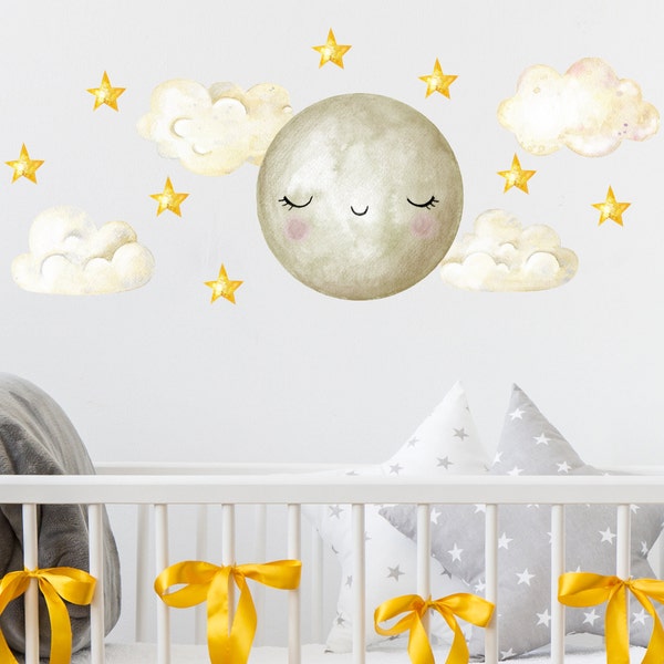 Moon and Stars Wall Decals. Clouds Nursery Stickers. Kids Room Decor. Clouds Wall Decal. Stars and Moon Decals Above Bed for Kids ds160