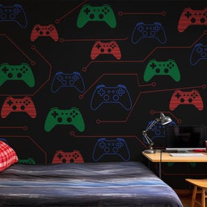 Dark Gaming Wall Mural with Controller Pattern, Boys Bedroom Wallpaper, Teen Gamer Room, Moody Man Cave Wall Decor Peel and Stick Wallpaper