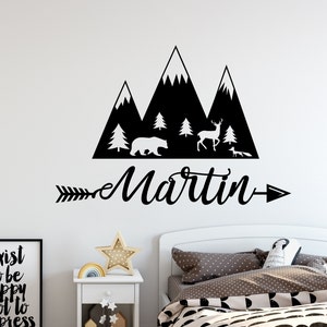 Adventure Awaits Name Baby Nursery Wall Decal, Mountain Above Bed for Boys, Nursery wall Stickers, Wall Decor Pine Tree Forest fs24