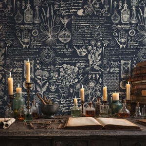 Dark Alchemy Wallpaper Peel and Stick Herbal Witch Wall Mural Botanical Wall Decor Esoteric Room Dark Academia Wall Art Tea Shop Wallpaper