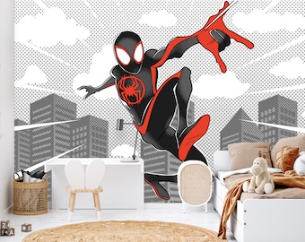 Spiderman Wallpaper For Boy Bedroom, Superhero Gray Wall Mural PVC Free Decor For Game Room, MilesMorales Wall Covering For Nursery
