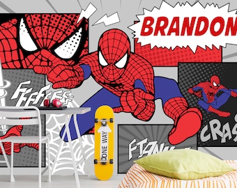 Papier peint Bandes dessinées colorées Spiderman, décoration murale amovible super-héros pour chambre de garçon, personnages de dessins animés auto-adhésifs sans PVC pour salle de jeux