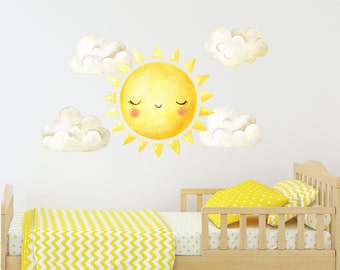 Sun and Puffy Cloud Wall Decals. Sun Nursery Stickers. Girls Room Decor. Clouds Wall Decal. Sun Wall Mural. Decals Above Bed for Kids ds135