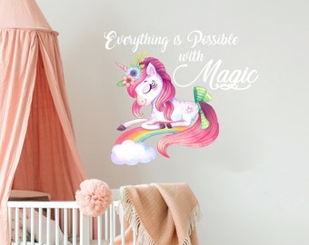 Everything is Possible With Magic Quote Wall Decals. Unicorn Nursery Wall Sticker. Watercolour Unicorn Girls Room Decor. Rainbow Decal ds125