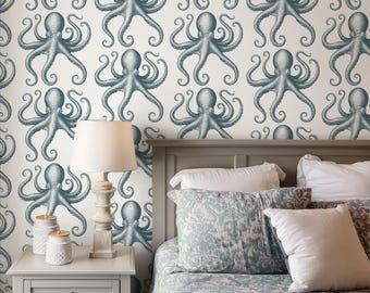 Selbstklebende Oktopus-Tapete, maritimes Meeresmotiv, Vintage-Tapete mit Meerestieren, Badezimmer im Küstenstil, Strandhaus-Dekoration