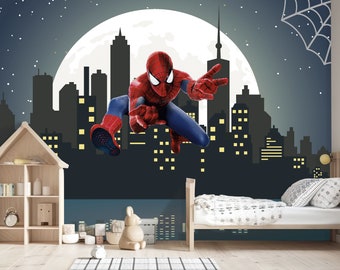 Wallpaper Nursery Spiderman Wall Decor, Navy Blue Background Boy's Bedroom, Spiderman Theme Print Home Decor, Superhero Wallpaper Teen Room