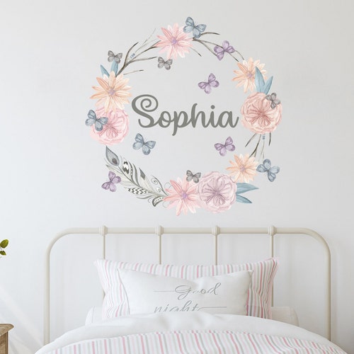 Baby Name Wall Decal Nursery. Flowers Wall Sticker Girl Etsy