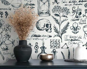 Dark Alchemy Wallpaper Peel and Stick Esoteric Apothecary Wall Mural Vintage Potion Recipe Occult Wallpaper Dark Academia Wall Decor
