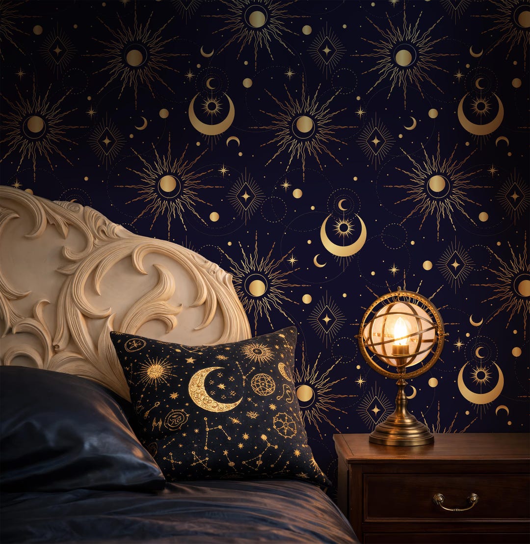 Dark Celestial Peel and Stick Wallpaper, Sun, Moon and Stars Wall Mural ...