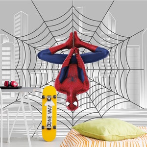 Spiderman Superhero Wallpaper Removable, Wall Mural Toddler Playroom, Comics Cityscape Decor Children Bedroom, PVC Free Grey Wall Covering