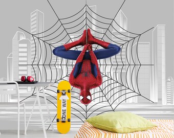 Papier peint super-héros Spiderman amovible, décoration murale salle de jeux pour tout-petits, chambre d'enfants avec décoration BD paysage urbain, revêtement mural gris sans PVC