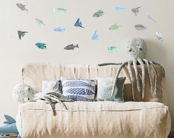 School Of Fish Color Decals Under The Sea Wall Decor Nautical Set Stickers Undersea Decals Ocean Fish Set Wall Decals Watercolor Wall Decals