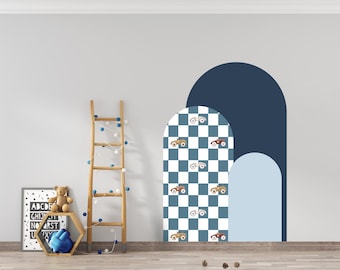 Vintage Race Car Arch Wall Decal Navy Checkerboard Kids Room Decor Retro Transportation Wall Sticker Mid Century Toddler Boy Nursery Art