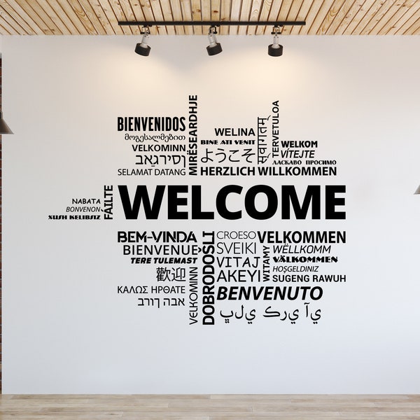Large Welcome Office Wall Decal BIG Welcome Language Sign Vinyl Decal Personalized Hall Lobby Decor Office Wall Decor Motivational Art