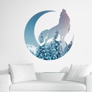 Wolf and Moon Forest Animal Watercolor Wall Decal. Woodland Wolf Wall Decal. Mountain Wall Decor. Nature Decal. Watercolor Stickers ds102