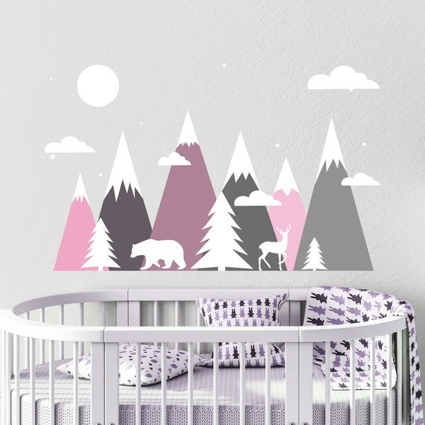 Pink and Grey Mountains Wall Decal Girl Nursery - Large Mountains Mural - Pine Forest Wall Decal - Peel and Stick Mountain Decal Kids ds114