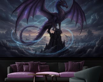 May include: A large wall mural featuring a dark purple dragon with glowing blue eyes and wings patterned with constellations, perched atop a jagged mountain peak above a cloudy sky with swirling light trails and ancient stone ruins.