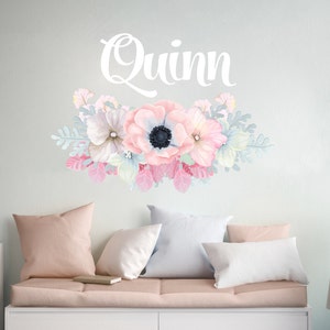 Custom Name Decal Above Bed for Girls. Flowers Name Wall Decor. Watercolor Flowers Nursery Decal. Floral Decal with Name Sticker ds4