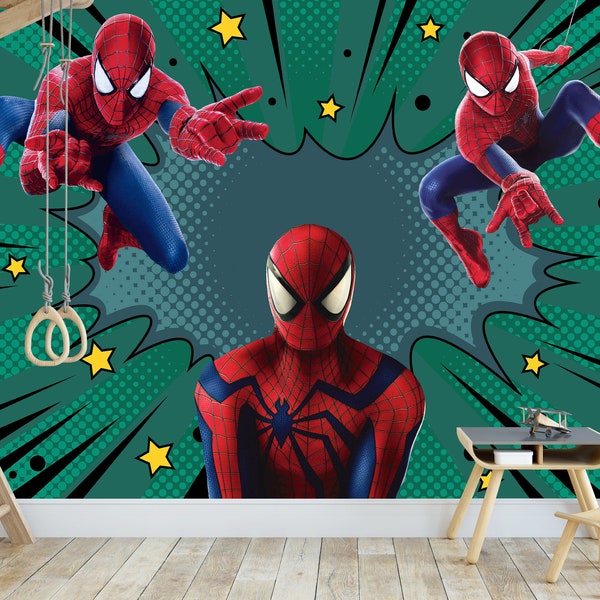 Spiderman Wallpaper PVC Free Boys Decor, Superhero Spiderman Colorful Wall Mural, Dark Green Comics Wall Decoration For Bathroom, Bedroom