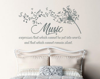 Music Expresses That Which Quote Wall Sticker. Music Quote Wall Decal. Music Decor. Inspirational Quote. Music Notes. Dandelion Decal ds154