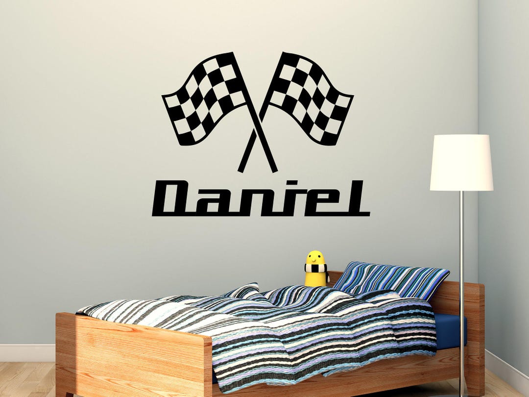 Personalized Race Car Wall Decal, Boys Name Wall Decals, Checkered ...