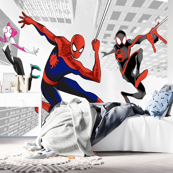 Spiderman Wallpaper for Teen Room Decor, Comics Wall Mural Grey Background for Boy's Bedroom, Peel and Stick Spiderman Theme Print for Home