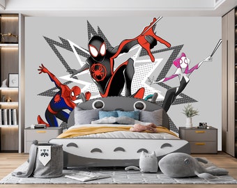 Papier peint Spiderman pour chambre de garçon, papier peint gris pour chambre d'enfant, chambre d'adolescent, décoration murale super-héros Spiderman pour enfant