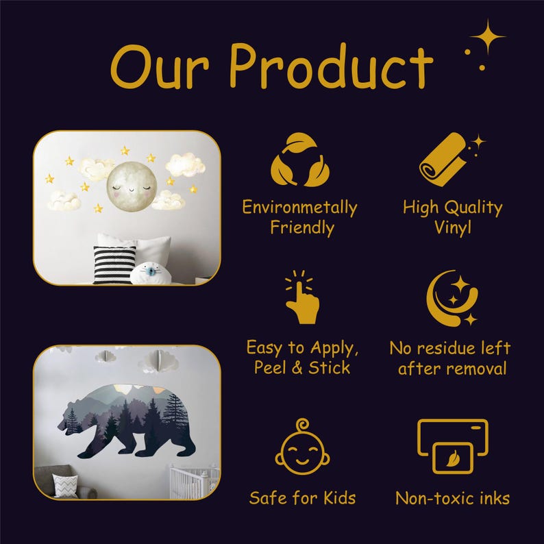 The image is a product advertisement featuring a wall decal of a bear and a moon with clouds. The ad highlights the product's environmentally friendly, high-quality vinyl material, ease of application, peel and stick feature, and non-toxic inks.