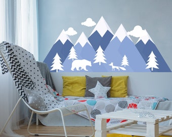 Mountains Wall Decal. Adventure Nursery Mural. Woodland Baby Room Decor. Forest Animals. Large Mountain. Mountain Wall Sticker FS19