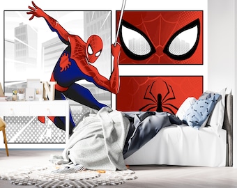 Superhero Spiderman Wallpaper for Boy Room, Wallpaper for Kids Child Bedroom, Peel and Stick Spiderman Art Mural, Superhero Comics Decor