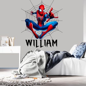 Spiderman Name Decal Kids Room Decor, Personalised Wall Name Sticker Above Bed for Teen Bedroom, Wall Mural Web Superhero Spider-Man