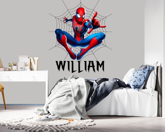Spiderman Name Decal Kids Room Decor, Personalised Wall Name Sticker Above Bed for Teen Bedroom, Wall Mural Web Superhero Spider-Man