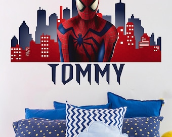 Calcomanía personalizada con nombre de niño sobre la cama, decoración de habitación infantil con nombre personalizado de superhéroe, calcomanía de pared de Spiderman, calcomanía de pared de superhéroe