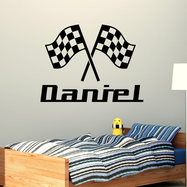 Custom Name Race Car Wall Decal - Race Car Sticker - Personalized Name For Boy Room Decor - Sport Race F1 Theme Wall Art Mural - Decal For Nursery Bedroom Decoration (Wide 15"x8" Height