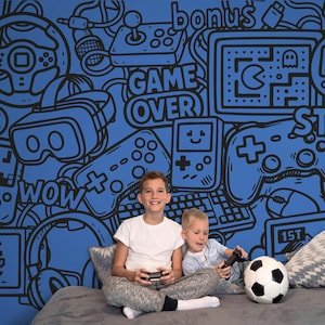 Gaming Wall Mural Boys Room Game Controller Wallpaper Blue Gamer Room Decor Video Game Wall Art Peel and Stick Kids Room Doodle Wallpaper