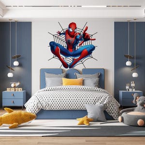 Sticker Spiderman super-héros pour chambre de garçon, sticker mural toile au-dessus du lit pour chambre d'ado, personnage de dessin animé avec autocollant mural pour salle de jeux