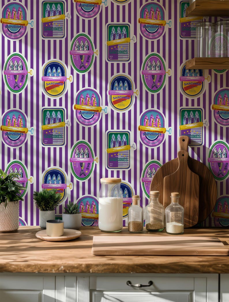 Sardine Can Wallpaper Purple Striped Fish Pattern Removable Eclectic ...