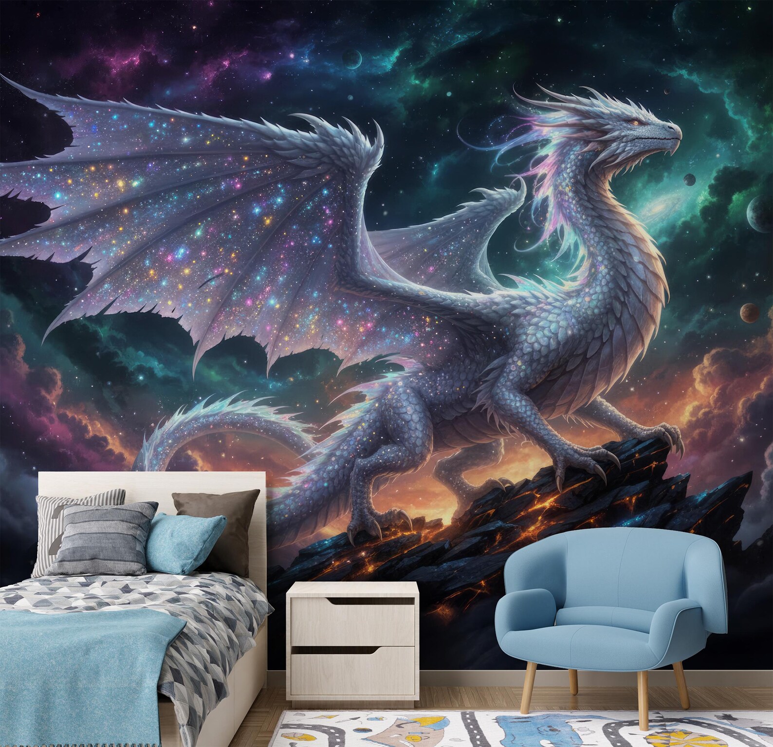 Magical Dragon Peel and Stick Wallpaper, Bedroom Wall Mural, Fantasy ...
