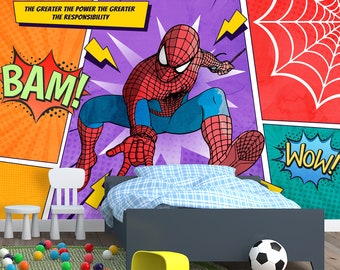 Spiderman Wallpaper Peel and stick Nursery Boys, Wall Art Superhero Child Bedroom, Wall Covering Colorful Spiderman Comics Game Room Decor