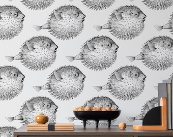 Fugu Fish Peel and Stick Wallpaper, Coastal Puffer Fish Toile Pattern Wall Decor, Modern Ocean Wallpaper for Contemporary Interiors