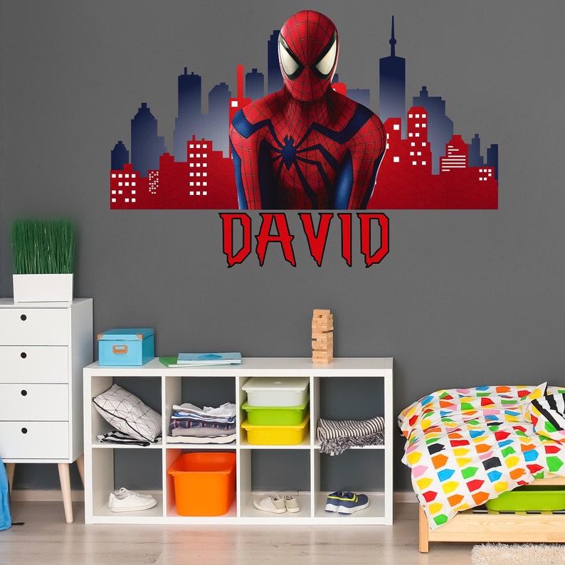 Sticker prénom garçon personnalisé au-dessus du lit pour enfant, décoration de chambre de bébé avec prénom personnalisé super-héros, sticker mural Spiderman, sticker mural super-héros image 2