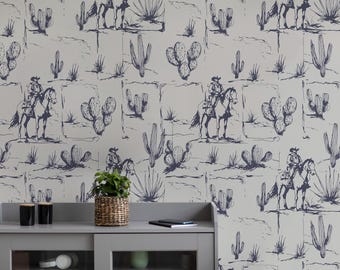 Rustic Cowboy Toile Peel and Stick Wallpaper, Horse and Cactus Western Pattern, Vintage Western Wall Decor, Removable Vinyl Wall Mural