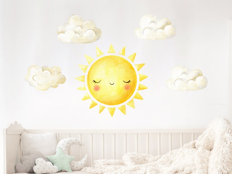 Sun and Puffy Cloud Wall Decals. Sun Nursery Stickers. Girls Etsy