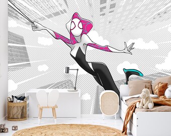 Superhero Spiderman Wallpaper For Girl Room, Peel And Stick Wall Covering For Nursery, PVC Free Vinyl Wall Decor For Kids Room