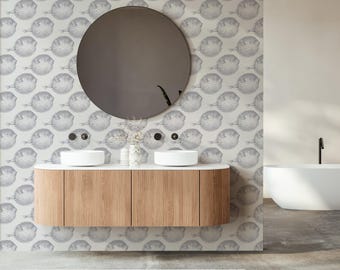 Puffer Fish Wallpaper, Coastal Wall Mural, Fugu Fish Neutral Peel and Stick Wallpaper for Living Room or Bathroom
