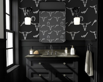 Modern Western Peel and Stick Wallpaper, Cowboy Pattern Wall Decor, Bull Skull and Revolver, Removable Vinyl Wall Mural, Stylish Home Decor