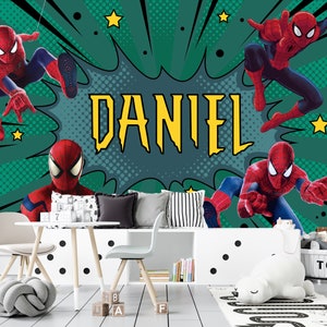Spiderman Custom Wallpaper PVC Free Boys Decor, Personalized Spiderman Green Wall Mural, Comics Wall Decoration For Children Room