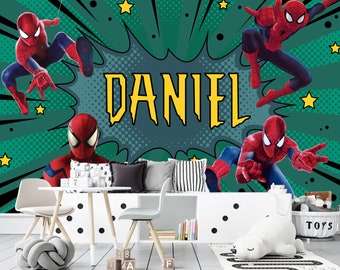 Papier peint personnalisé Spiderman, décoration garçon sans PVC, décoration murale Spiderman verte personnalisée, décoration murale comics pour chambre d'enfant